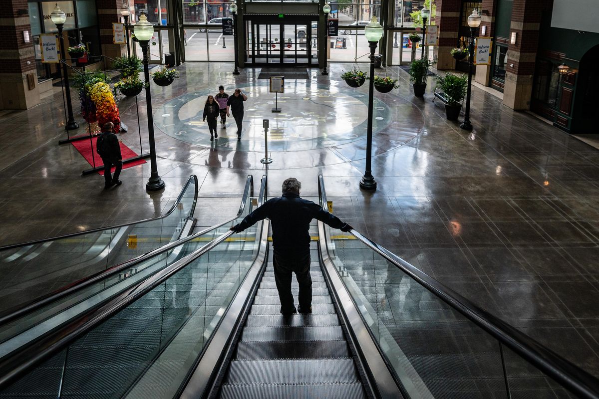The River Park Square mall has reopened for business with only a few stores open for foot traffic on Tuesday. More stores will gradually reopen throughout the week. (Colin Mulvany / The Spokesman-Review)