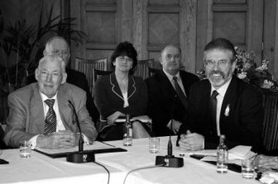 
Democratic Unionist leader Ian Paisley, left, and Sinn Fein President Gerry Adams speak to the media Monday  at the Stormont Assembly building in Belfast, Northern Ireland.  The two leaders negotiated directly for the first time in the 14-year Northern Ireland peace process. 
 (Associated Press / The Spokesman-Review)