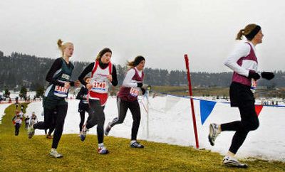 
Melissa Hurley, Chelsea Momany, Lexi Price and Lindsay Farnsworth, left to right, try to beat the cold Saturday at Plantes Ferry Park. 
 (Ingrid Lindemann / The Spokesman-Review)