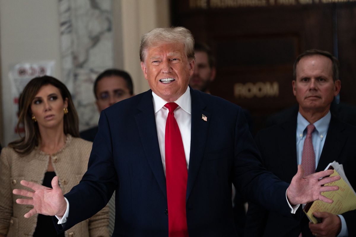 Former President Donald Trump addresses the media during a lunch break on the third day of his civil fraud trial at New York State Supreme Court on Oct. 4, 2023, in New York. (David Dee Delgado/Getty Images/TNS) (David Dee Delgado/Getty Images North America/TNS)