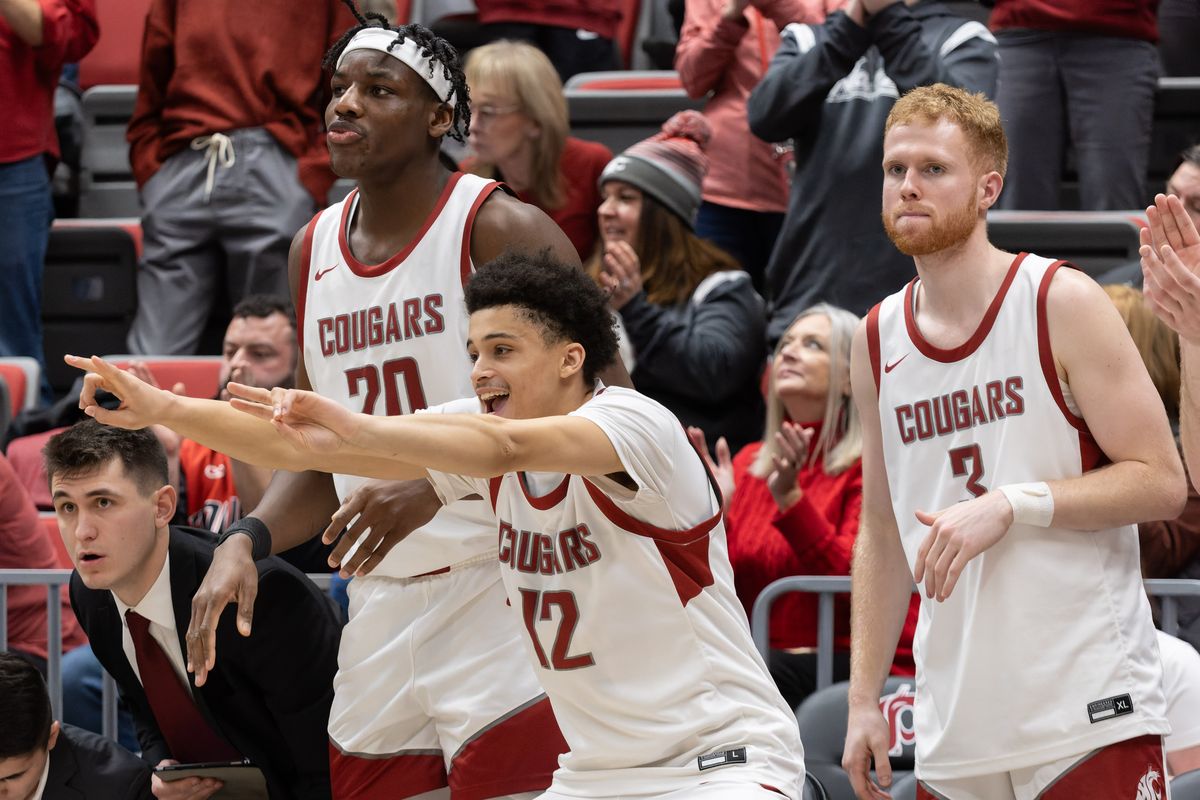 From left, Washington State center Rueben Chinyelu, guard Myles Rice and guard Jabe Mullins react during the second half Saturday at Beasley Coliseum in Pullman.  (Geoff Crimmins/For The Spokesman-Review)