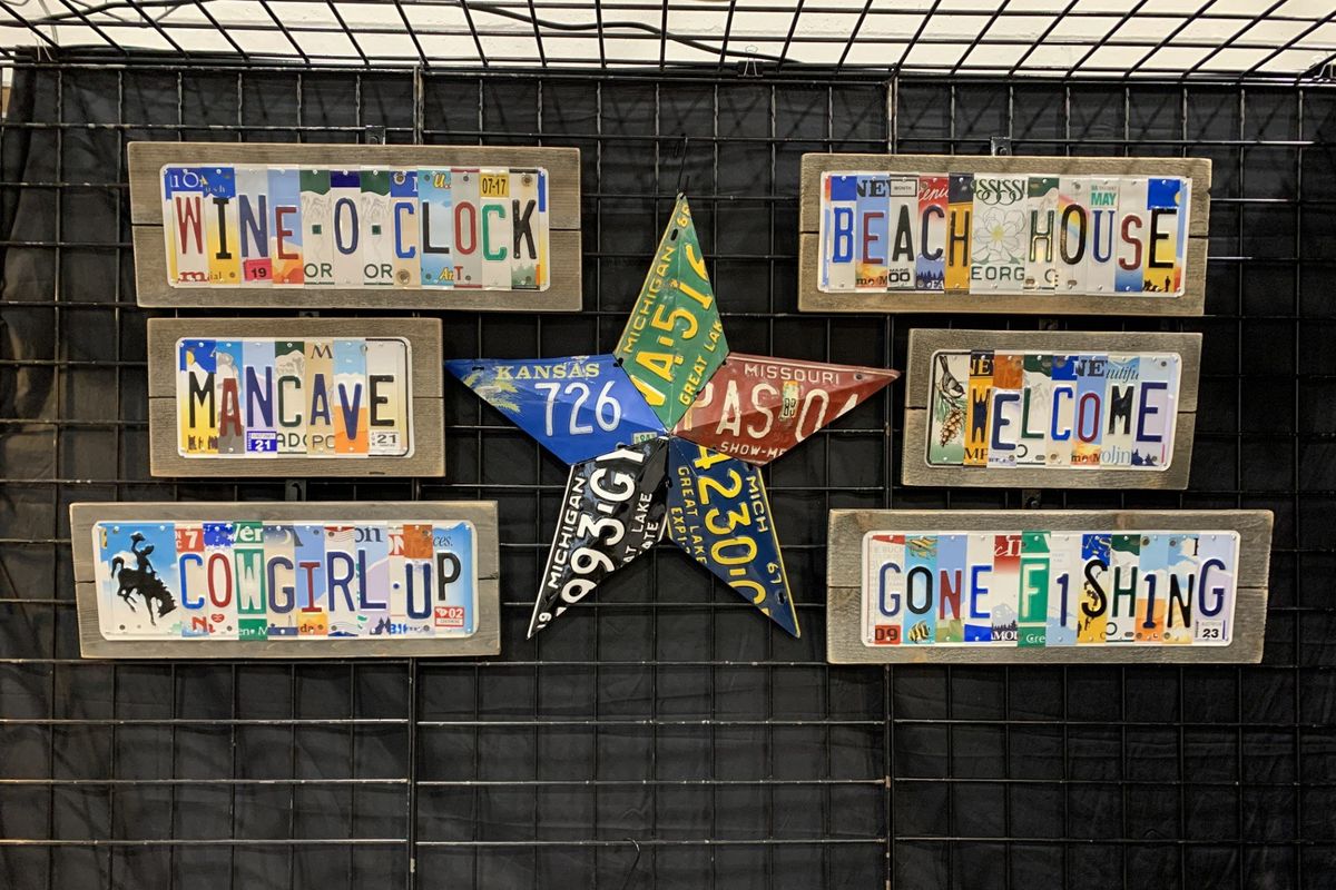 Trina and Steve Olheiser create metal decor with repurposed license plates.  (Courtesy )