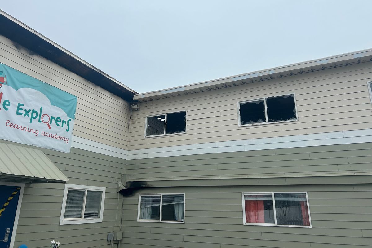 The aftermath of a fire that devastated River Church in Post Falls on Sunday, March 15. The Christian preschool and Christian K-12 school was the section of the church most damaged by the flames. Firefighters responded to the event early Sunday morning and spent four hours dowsing the fire with water. (Mathew Callaghan / The Spokesman-Review)