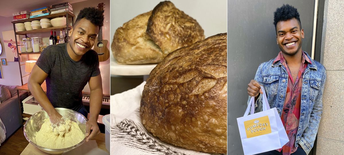 This combination of photos shows Broadway performer Max Kumangai, a Spokane native, making sourdough bread from his apartment in New York. The triple threat from the musical “Jagged Little Pill” has leaned into a fourth skill as the pandemic marches on: baking and selling his own sourdough.  (Michael Lowney)