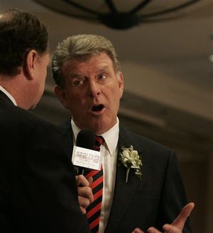 Gov. Butch Otter talks with a reporter on election night in Boise. (AP Photo / Matt Cilley)