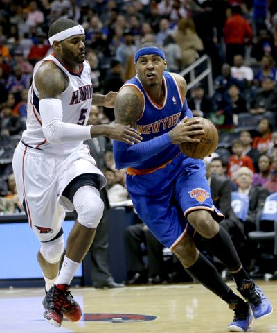 New York Knicks’ Carmelo Anthony scored 40 points in a win against the Hawks, one night after he put up 50 against the Heat. (Associated Press)