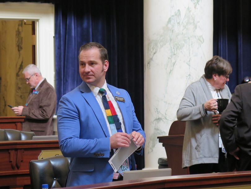 Rep. Bryan Zollinger, R-Idaho Falls, wears a tie belonging to Rep. Vito Barbieri, R-Dalton Gardens, in the Idaho House chamber on Tuesday, March 27, 2018. (The Spokesman-Review / Betsy Z. Russell)