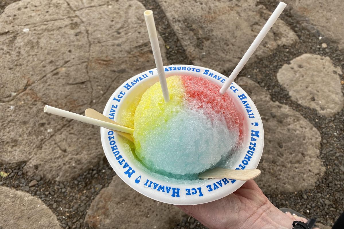A serving of Haleiwa’s world-famous Matsumoto’s shave ice (notice it’s NOT “shaved” ice). (Dan Webster/For The Spokesman-Review)