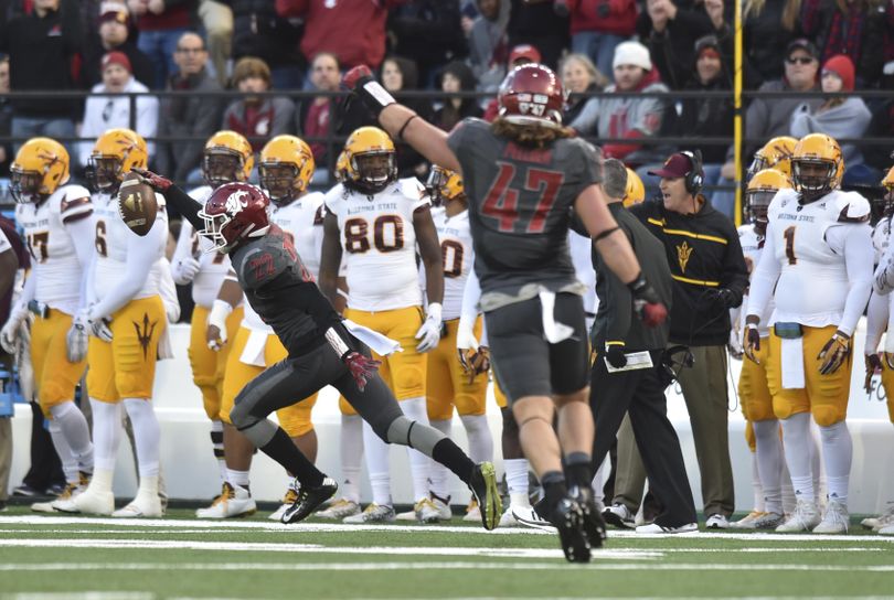 WSU corner Darrien Molton (22) intercepts Arizona State quarterback Mike Bercovichi (2) during the second half of a Pac-12 college football game on Saturday, Nov 7, 2015, at Martin Stadium in Pullman, Wash. WSU won the game 38-24. (Tyler Tjomsland / The Spokesman-Review)