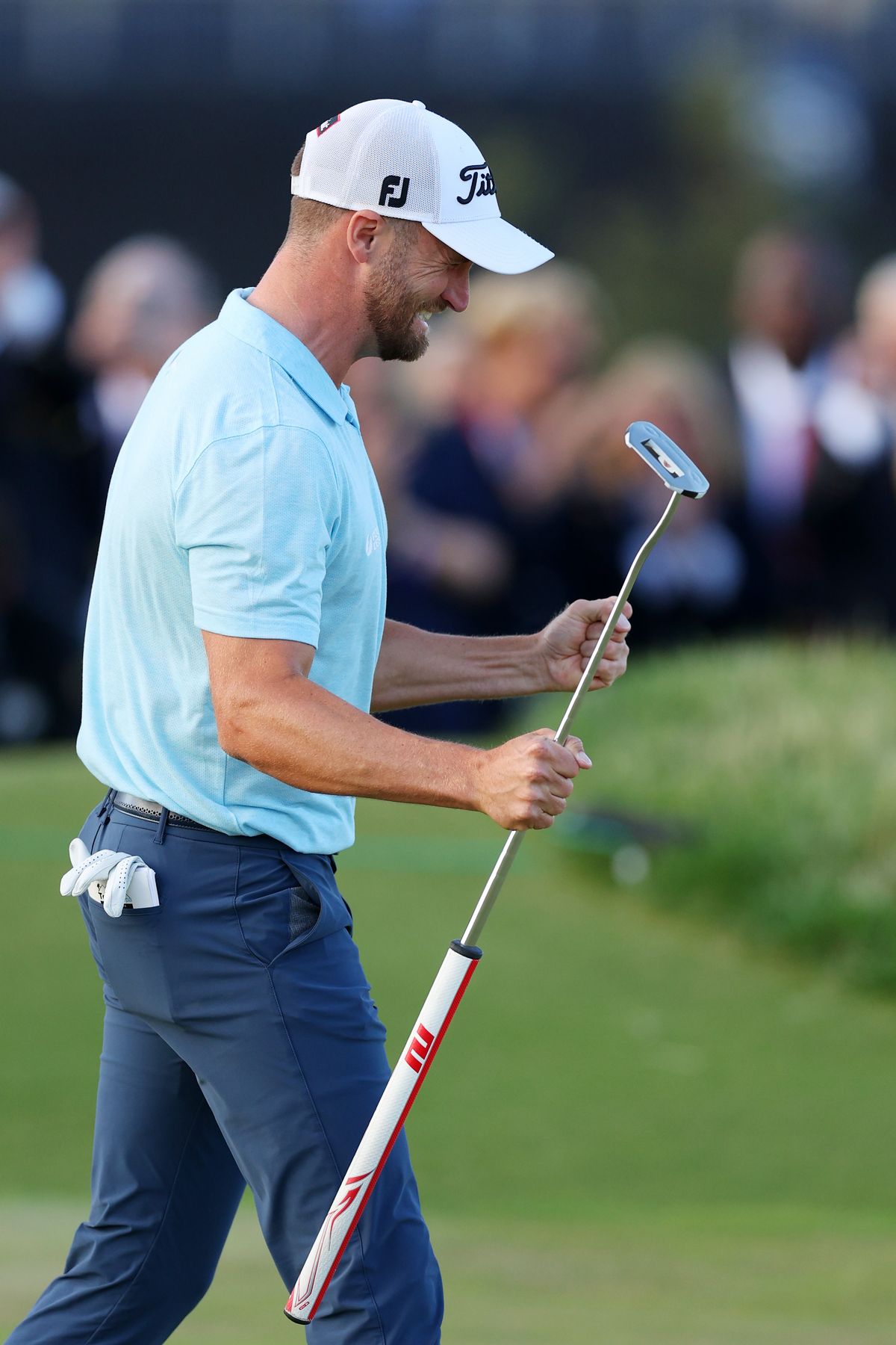 Wyndham Clark of the United States reacts to his winning putt on the 18th green during the final round of the 123rd U.S. Open Championship at The Los Angeles Country Club on June 18, 2023 in Los Angeles, California.  (Getty Images)