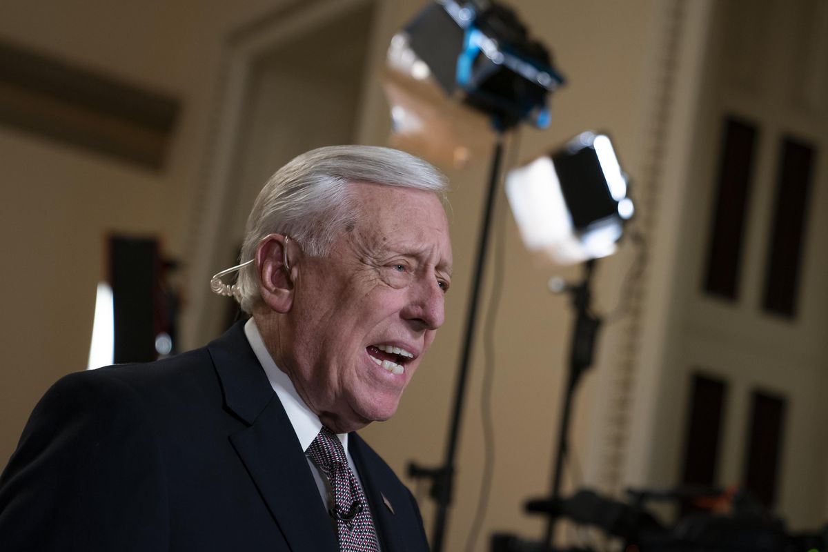 House Majority Leader Steny Hoyer, D-Md., speaks during a television news interview just outside the House Chamber prior a vote on an anti-hate resolution, an action sparked by controversial remarks from freshman Democrat Ilhan Omar, at the Capitol in Washington, Thursday, March 7, 2019. (J. Scott Applewhite / Associated Press)