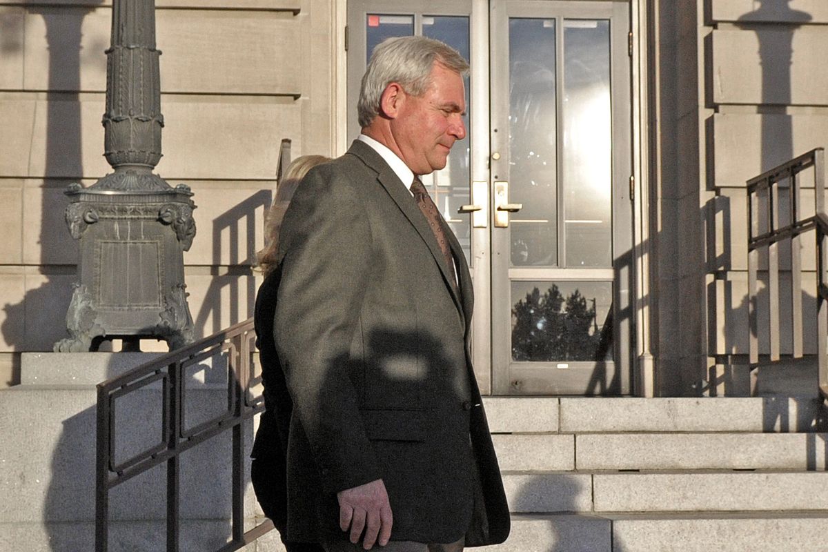 Spokane police officer Karl Thompson exits the William O. Douglas Federal Courthouse in Yakima, Wash., Tuesday afternoon, Nov. 1, 2011,  after the first day of jury deliberation in his excessive force trial. (Christopher Anderson / Spokesman-Review)