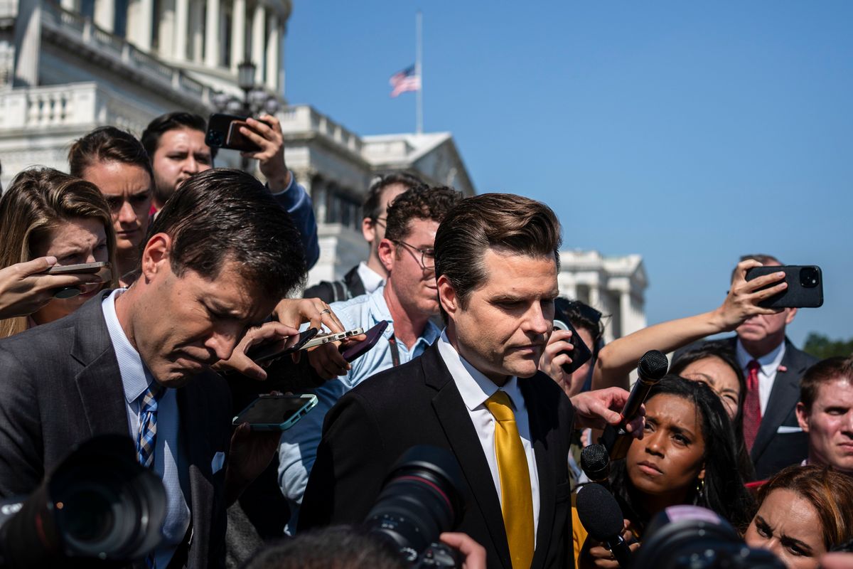Rep. Matt Gaetz, R-Fla., speaks to reporters on the House steps at the Capitol in Washington, on Monday.  (Haiyun Jiang/New York Times)