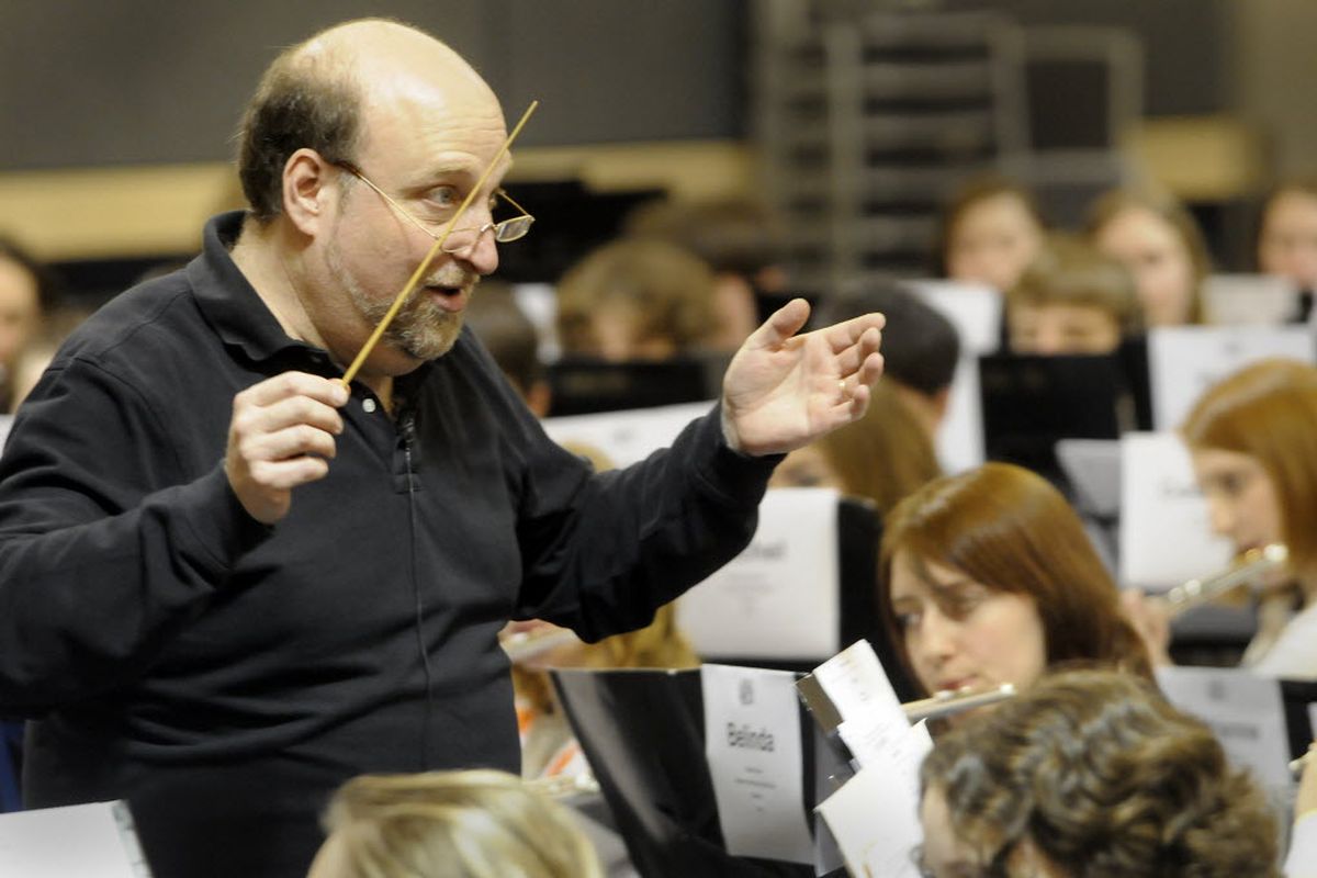 Conductor Peter Boonshaft from Hofstra University leads the All-State Band, one of several honor bands assembled for the Northwest Division Conference of the National Association of Music Education Saturday at the Spokane Convention Center.  (Jesse Tinsley / The Spokesman-Review)