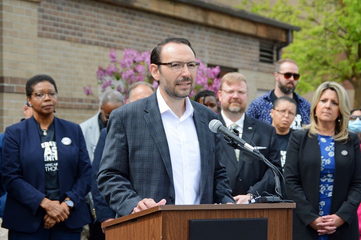 Spokane Councilman Michael Cathcart speaks during a press conference announcing a proposal for a new police precinct at the former East Side Library on Tuesday, May 17, 2022.  (Greg Mason/The Spokesman-Review / The Spokesman-Review)
