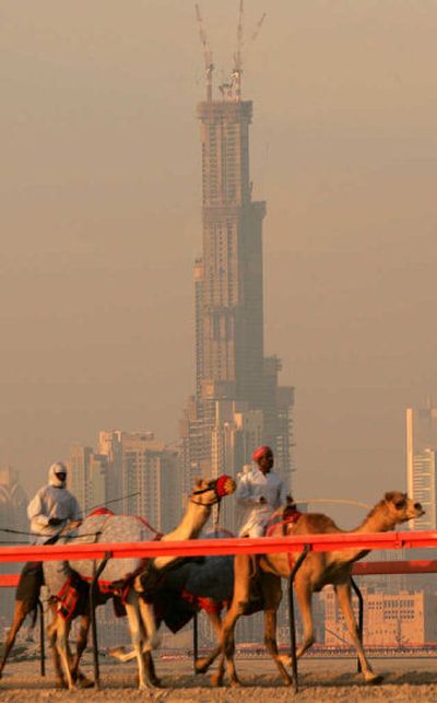 Racing camels practice with the Burj Dubai seen in the background on Tuesday. The missile-shaped skyscraper under construction reached its 100th story on Tuesday, nearly two-thirds of the way in its relentless climb to become the world's tallest building by next year.
(Associated Press / The Spokesman-Review)