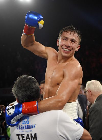 Gennady Golovkin  celebrates after stopping Dominic Wade in the second round during a middleweight title boxing match Saturday  in Inglewood, California. (Associated Press)