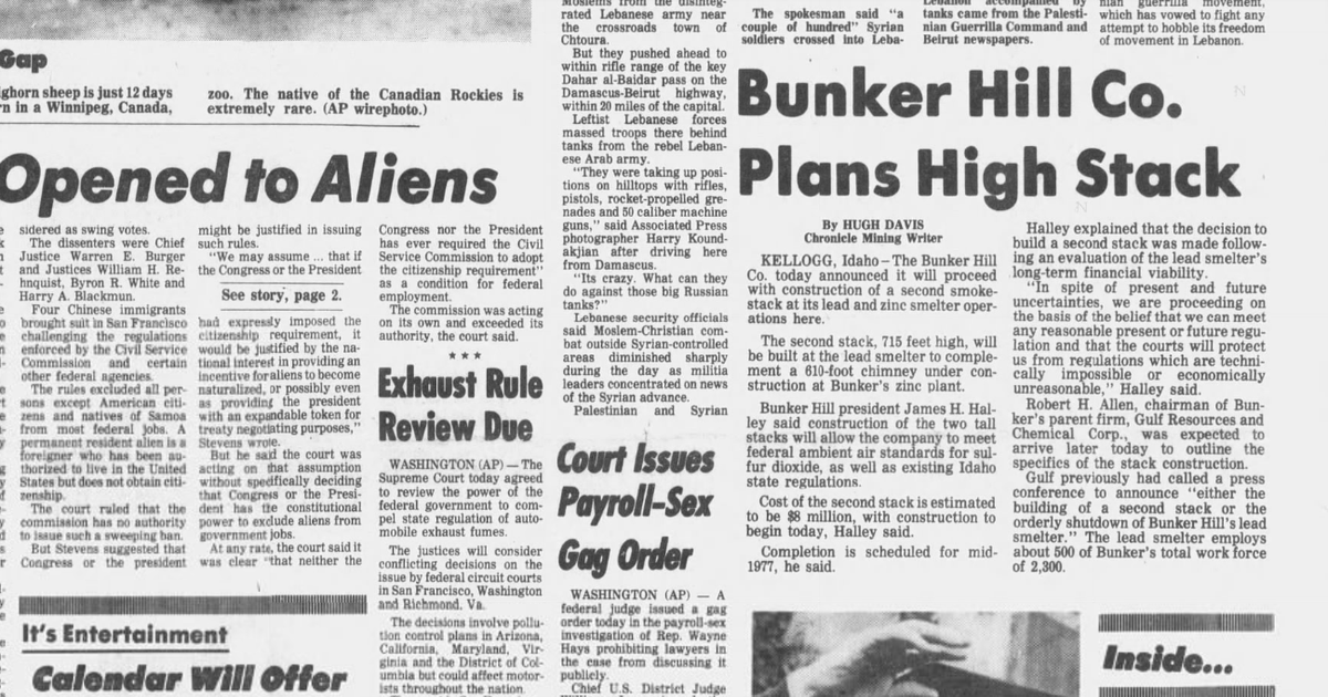 This day in history: Bunker Hill Mine announced construction of 715-foot smokestack. Spokane bank president improving after assassination attempt