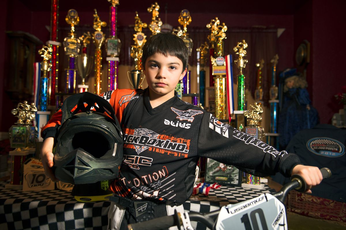 At age 10, Mikkel Devore, of Spokane, has won the state 10X age division in BMX racing three years in a row. He has won so many trophies that he only keeps the ones from his biggest races. (Colin Mulvany)