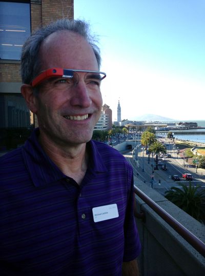 Associated Press reporter Michael Liedtke models Google Glass at a Google base camp in San Francisco on July 31. (Associated Press)