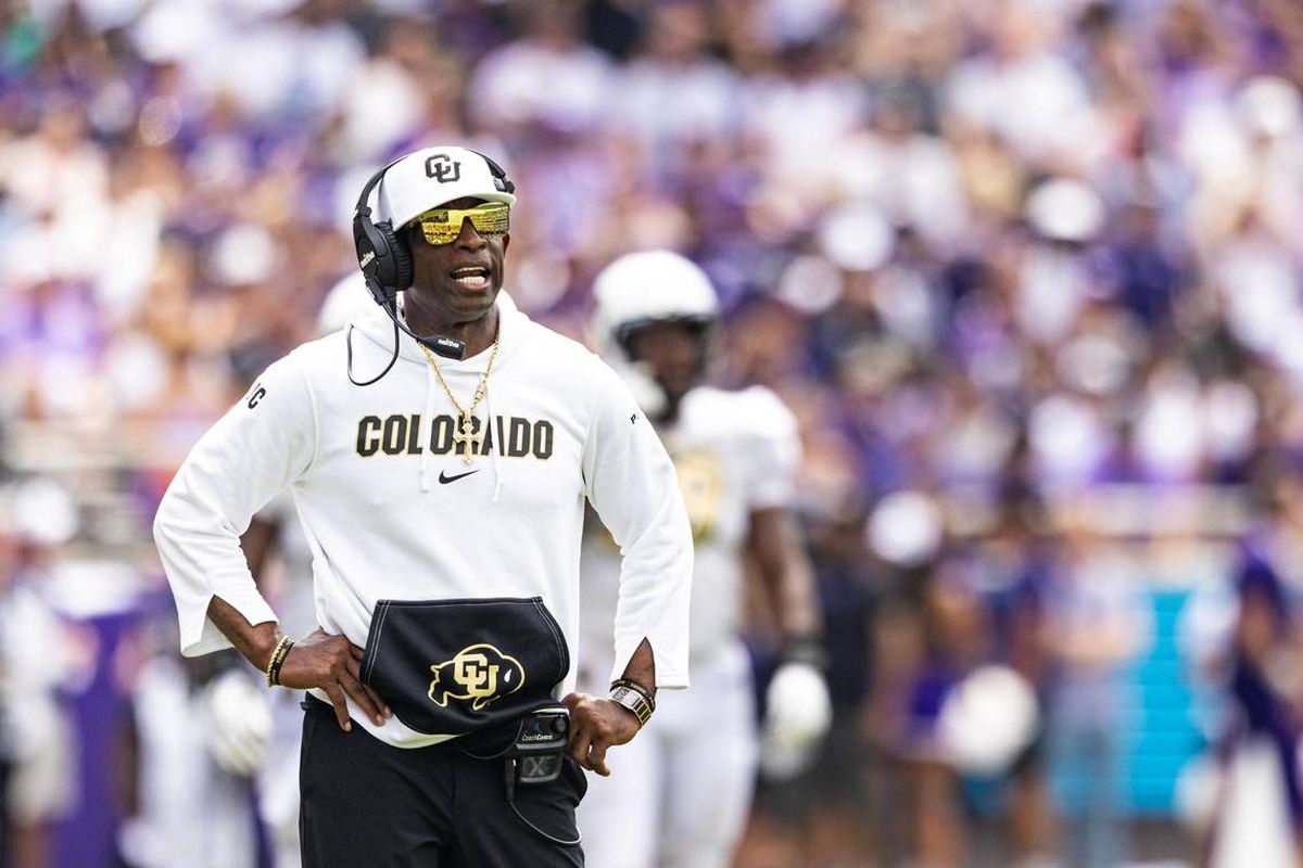 Colorado Head Coach Deion Sanders barks at the referees after calling a fumble in the second quarter during a college football game between the TCU Horned Frogs and the Colorado Buffaloes at Amon G. Carter Stadium in Fort Worth on Saturday, Sept. 2, 2023.  (Tribune News Service)