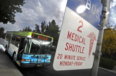An STA Medical Shuttle waits for riders at St. Lukes Rehabilitation Center. Ridership on the  shuttles has increased as people look for cheaper places out of the downtown core to park.  (CHRISTOPHER ANDERSON / The Spokesman-Review)