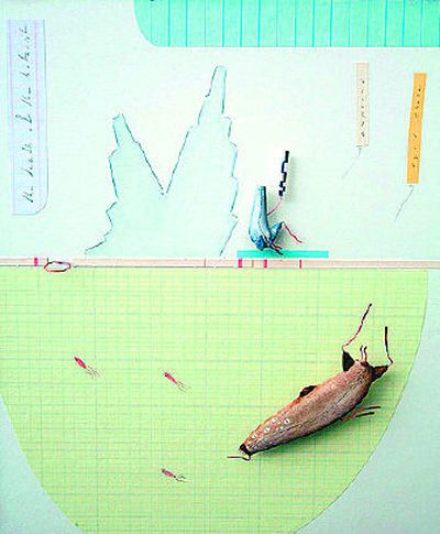 
Andrew Bohl's latest exhibit of watercolor paintings with mounted three- dimensional figures, including 