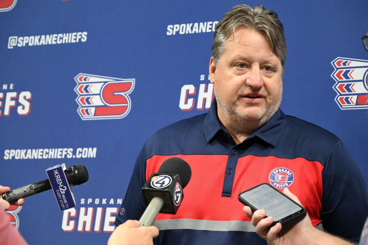 Spokane Chiefs’ head coach Brad Lauer speaks to the media at the annual Spokane Chiefs training camp Wednesday at the Arena in Spokane.  (Jesse Tinsley/THE SPOKESMAN-REVI)