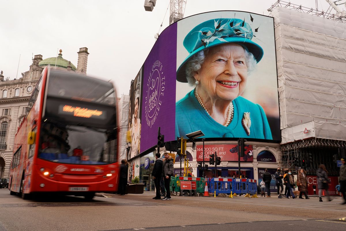 The screen in Piccadilly Circus is lit to celebrate the 70th anniversary of Britain