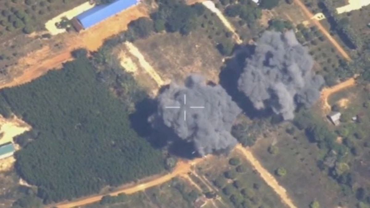 Footage shows smoke rising following what Thailand said was airstrikes carried out in Cambodia along a disputed border area, in Preah Netr Preah, Banteay Meanchey Province, Cambodia, in this screen grab taken from a handout video released on December 15, 2025. Royal Thai Army/Handout via REUTERS (Royal Thai Army)