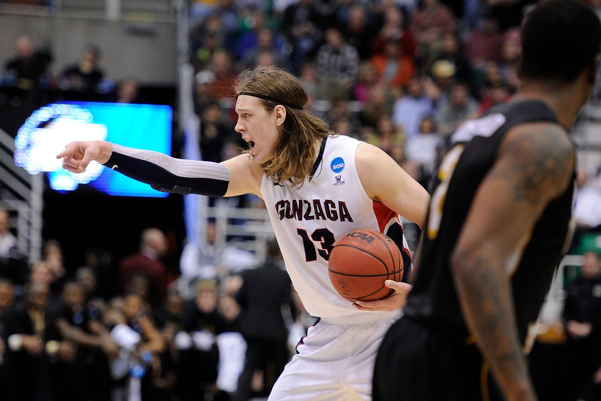Gonzaga’s Kelly Olynyk (13) directs play during the third round of the NCAA Tournament in March 2013 in Salt Lake City. Olynyk currently plays for the Utah Jazz, his fifth team in 11 NBA seasons.  (COLIN MULVANY)