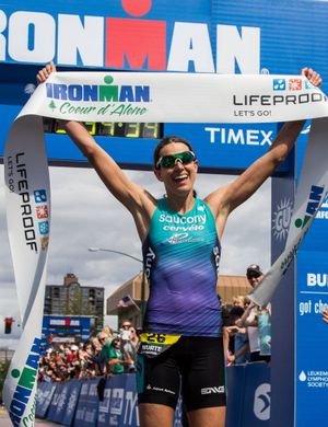 
  
Heather Wurtele celebrates after crossing the finish line to be the women's winner of 2014 Ironman Coeur d'Alene in the time of 9:34:32 Sunday afternoon in Coeur d'Alene. (Bruce Twitchell/For the SR)
