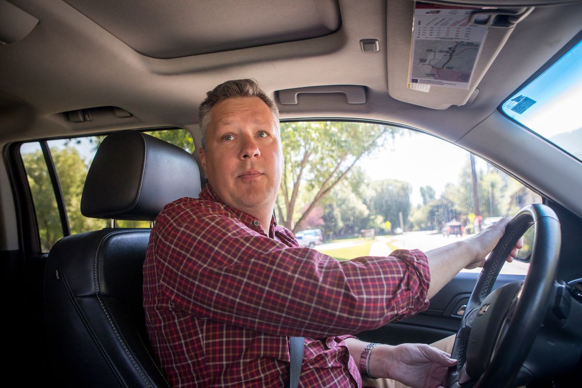 Jeff Monteith drives his cab in Jackson, Wyo. When gas prices hit $5.25 per gallon over the summer, Monteith got paid less for each ride.  (Amber Baesler/Washington Post )