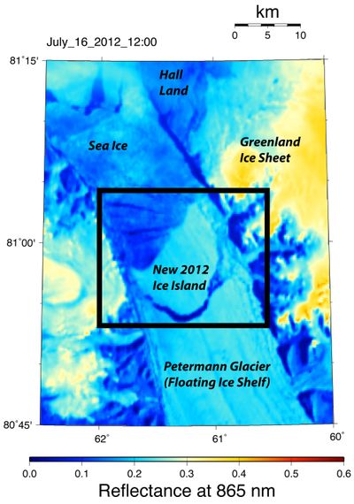 NASA image provided by the University of Delaware shows a crack in Greenland's Petermann Glacier on Monday. (Associated Press)