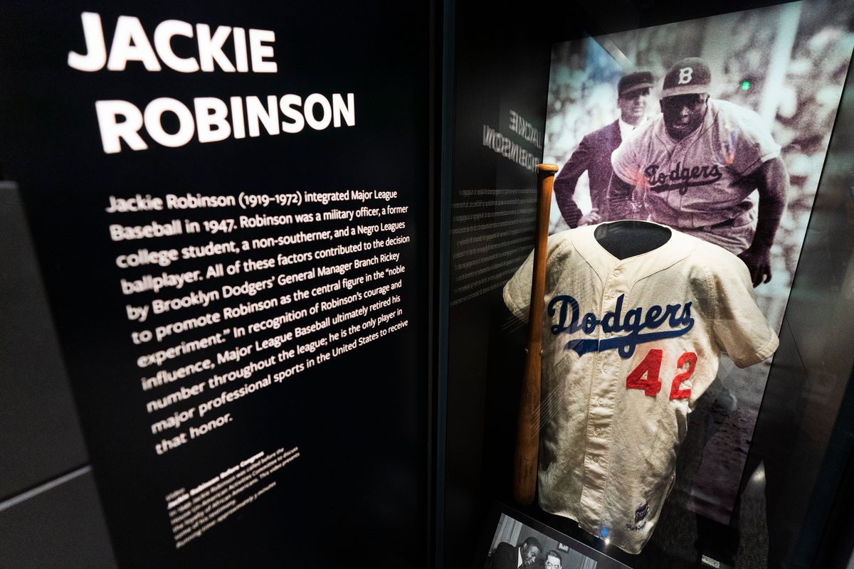 A jersey of Jackie Robinson is displayed at the National Museum of African American History and Culture in Washington, commemorating the 75th anniversary of Jackie Robinson