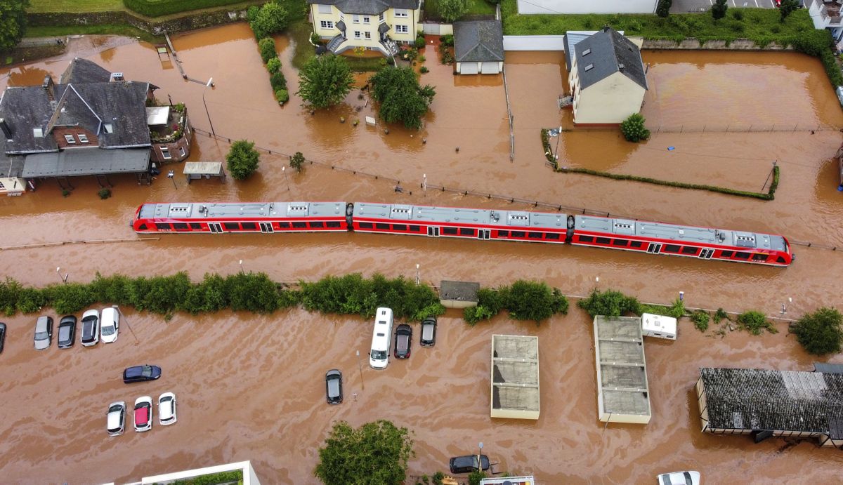 A regional train rests in flood waters at the local station in Kordel, Germany, on July 15 by the high waters of the Kyll river.  (Associated Press)