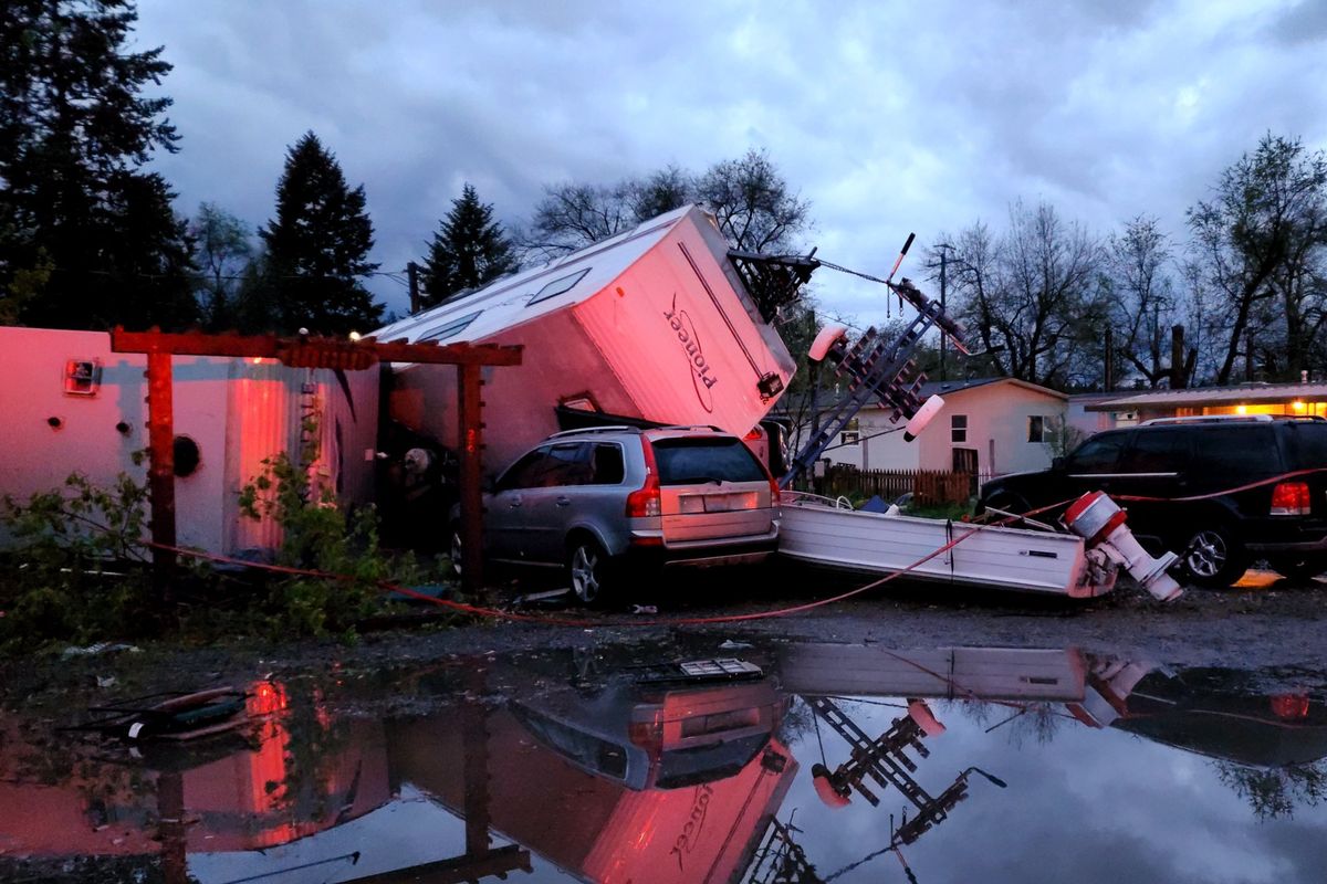 One of two tornadoes that hit the Spokane area on Friday  caused two trailers, including this one, to tip over Friday night in Spokane Valley.  (Courtesy of Spokane Valley Fire Department)