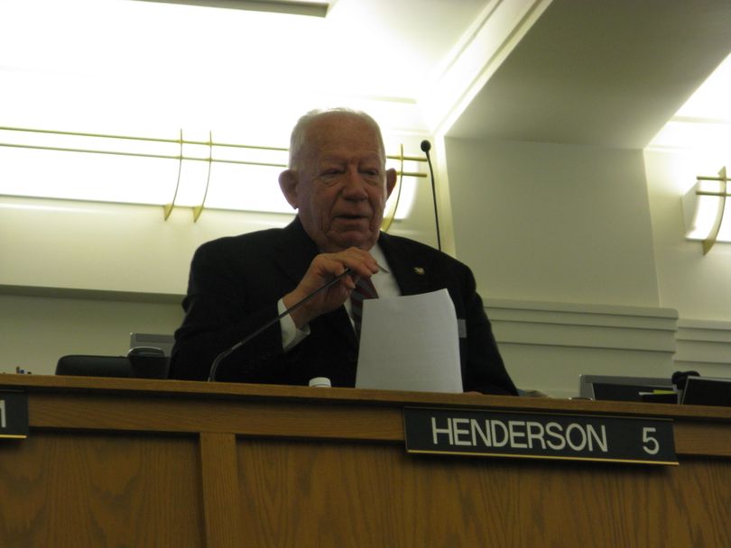 Rep. Frank Henderson, R-Post Falls, debates in favor of HB 246, the governor's bill to raise the gas tax to fund more road work. The bill failed in the House on Thursday on a 27-43 vote. (Betsy Russell / The Spokesman-Review)
