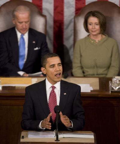 President Barack Obama addresses a joint session of Congress in the House Chamber of the Capitol in Washington, Tuesday, Feb. 24, 2009. Vice President Joe Biden and House Speaker Nancy Pelosi are behind the president. (Evan Vucci / Associated Press)