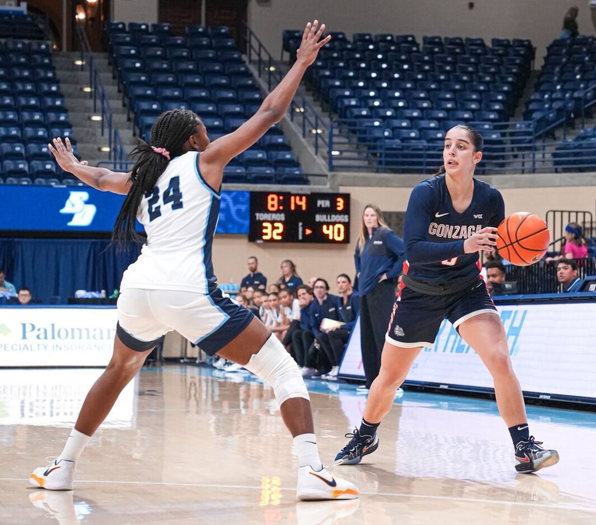 Gonzaga guard Ines Bettencourt looks to pass around San Diego defender Olivia Owens during a West Coast Conference game on Thursday in San Diego. (Courtesy of Gonzaga Athletics)