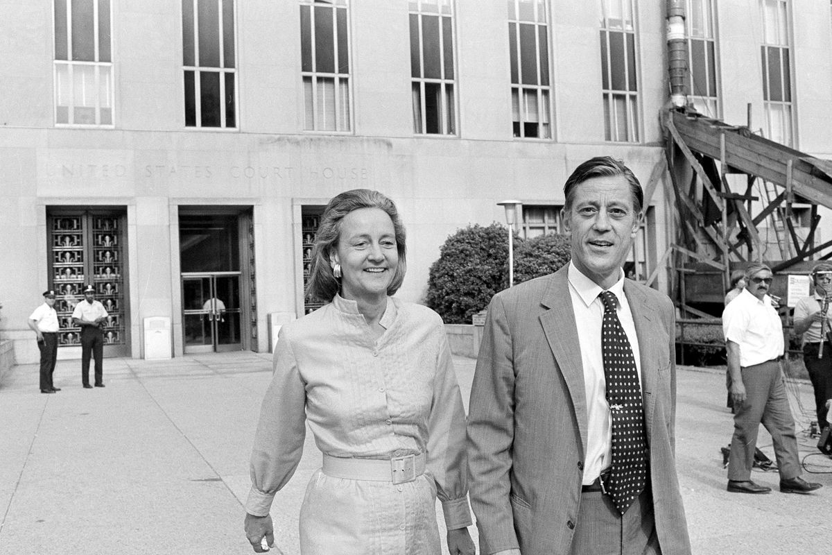 Washington Post Executive Editor Ben Bradlee and Post Publisher Katharine Graham leave U.S. District Court in Washington on June 21, 1971. Bradlee died Tuesday. (Associated Press)