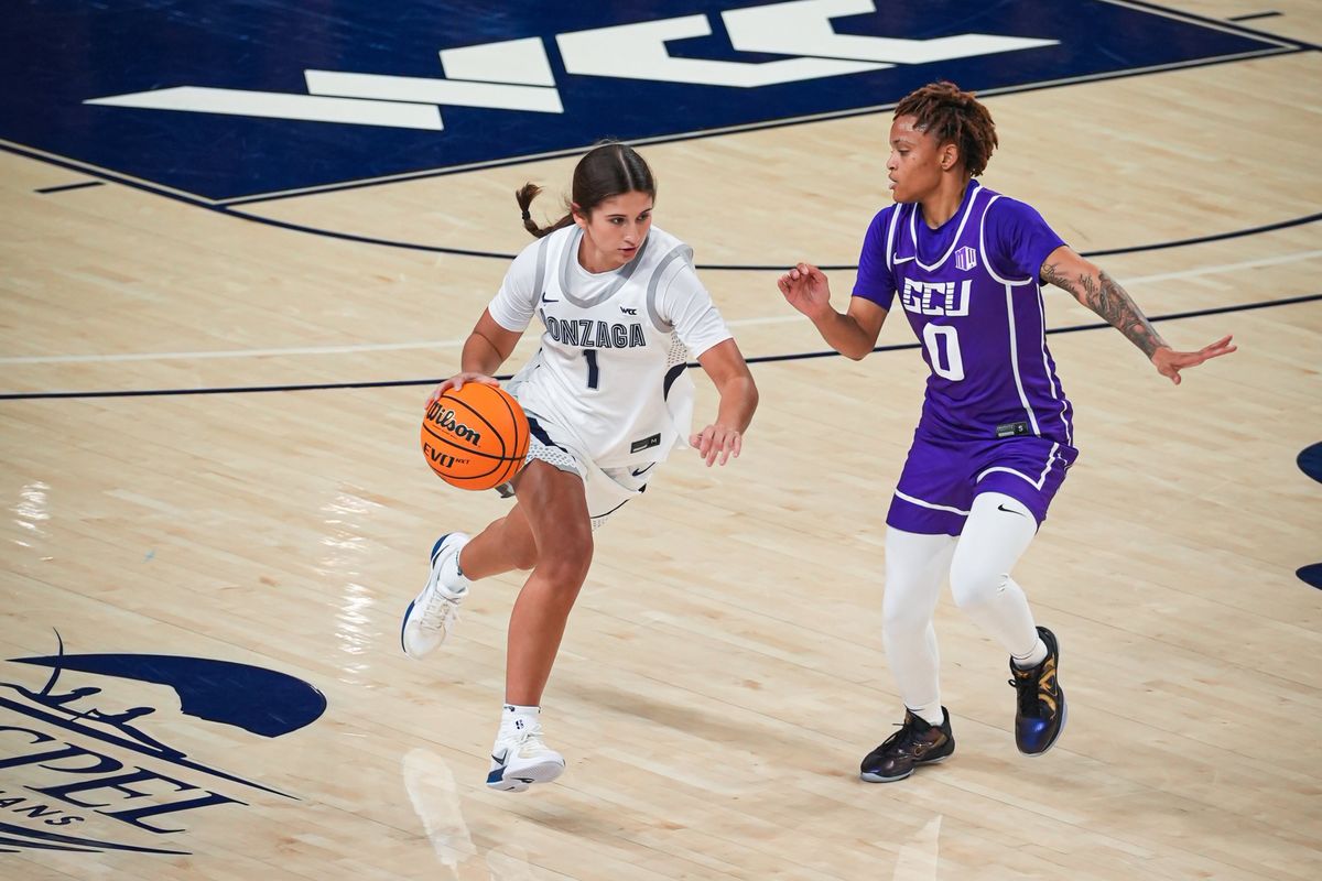Gonzaga guard Paige Lofing drives against Grand Canyon’s Chloe Mann during a game on Thursday at McCarthey Athletic Center.  (Courtesy of Gonzaga Athletics)