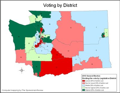 Map of the 2010 General Election balloting by Legislative District. (Jim Camden/The Spokesman-Review)
