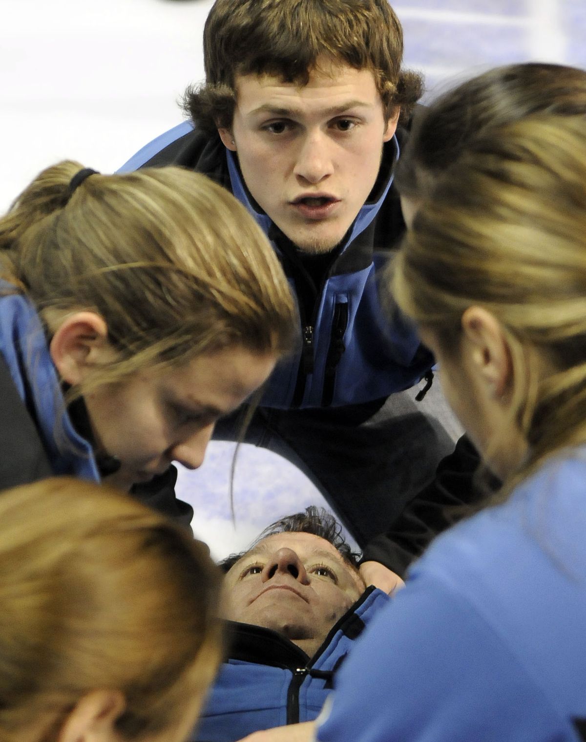 danp@spokesman.com Whitworth University athletic training student Nathan Gonzalez directs fellow students to lift a patient during practice Thursday at the Spokane Arena for the U.S Figure Skating Championships. (Dan Pelle)