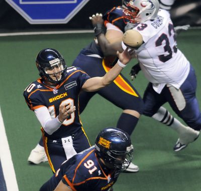 Shock quarterback Nick Davila dumps a pass in the second quarter Saturday night against Austin.  (Dan Pelle / The Spokesman-Review)