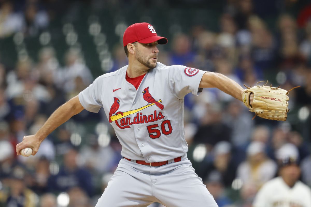 St. Louis Cardinals starting pitcher Adam Wainwright throws to the Milwaukee Brewers during the first inning of a baseball game Thursday, Sept. 23, 2021, in Milwaukee.  (Jeffrey Phelps)
