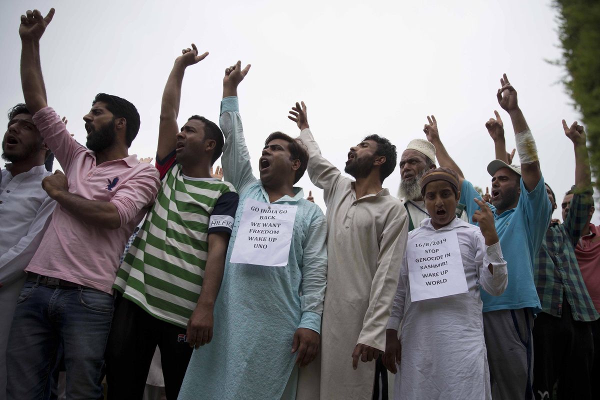 Kashmiri Muslims shout pro-freedom slogans during a demonstration after Friday prayers amid curfew like restrictions in Srinagar, India, Friday, Aug. 16, 2019. Hundreds of people have held a street protest in Indian-controlled Kashmir as India’s government assured the Supreme Court that the situation in the disputed region is being reviewed daily and unprecedented security restrictions will be removed over the next few days. (Dar Yasin / Associated Press)