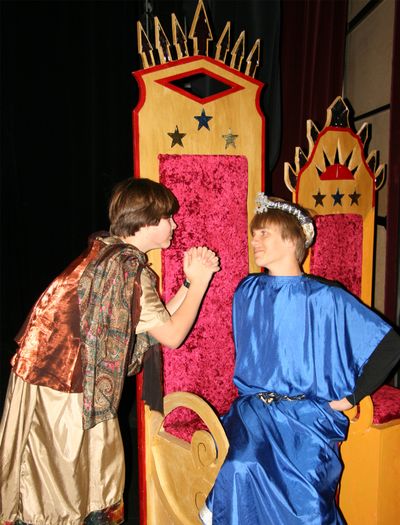 St. George’s students, Josias Michalko, as Lysander, and Collin Cremers, as Theseus, rehearse for the eighth-grade class’s upcoming production of “A Midsummer Night’s Dream.”