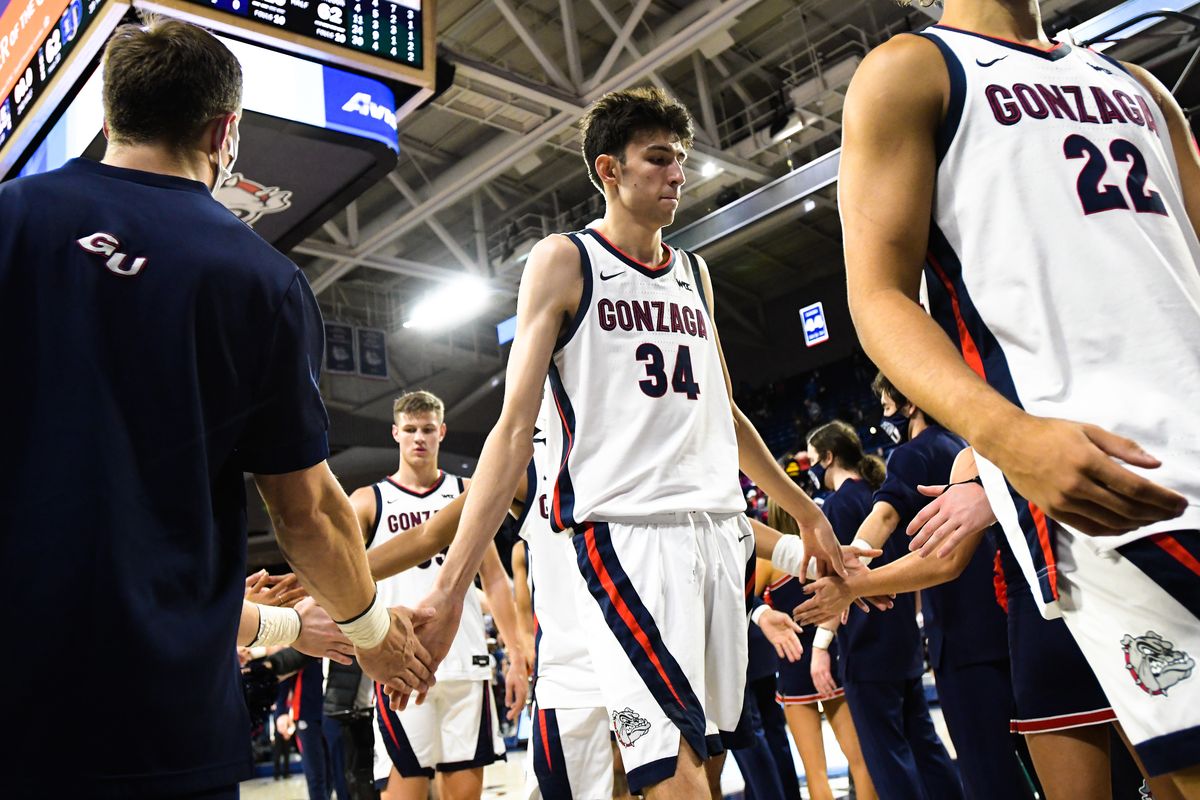Gonzaga Bulldogs center Chet Holmgren (34) heads to the locker room after the second half of an exhibition college basketball game against Eastern Oregon on Sunday, Oct 31, 2021, at McCarthey Athletic Center, in Spokane, Wash. Gonzaga won the game 115-62.  (Tyler Tjomsland/The Spokesman-Review)