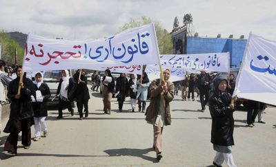 The original version of a toned-down marriage law sparked protests like this one in Kabul in April.  (Associated Press / The Spokesman-Review)